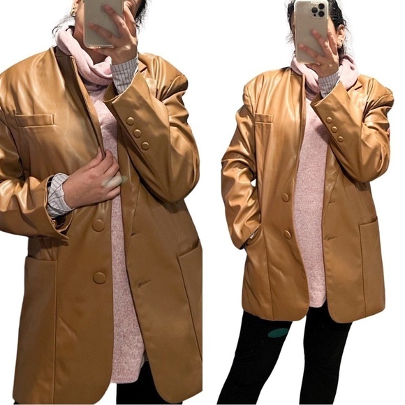 NWT AFRM Agnes Vegan Leather Maxi Blazer Camel Brown Sz M - Picture 1 of 9